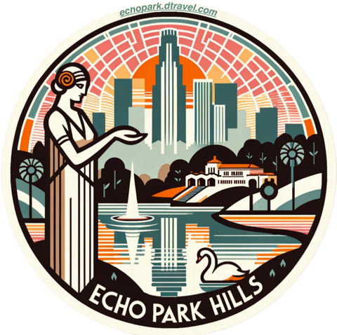 Echo Park Hills badge: the Lady of the Lake, a swan, and the downtown skyline