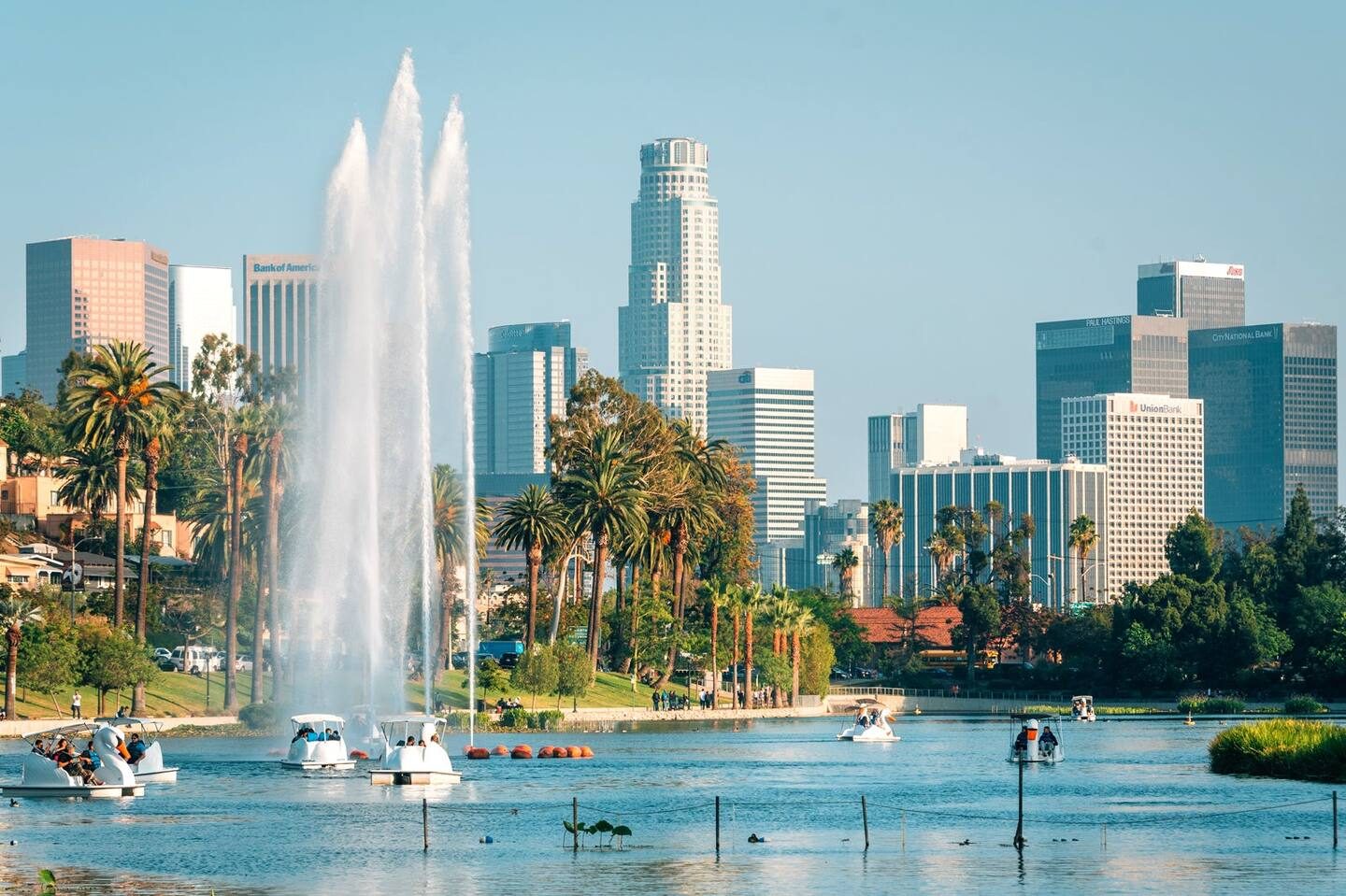 Swan boats and the fountain at Echo Park Lake