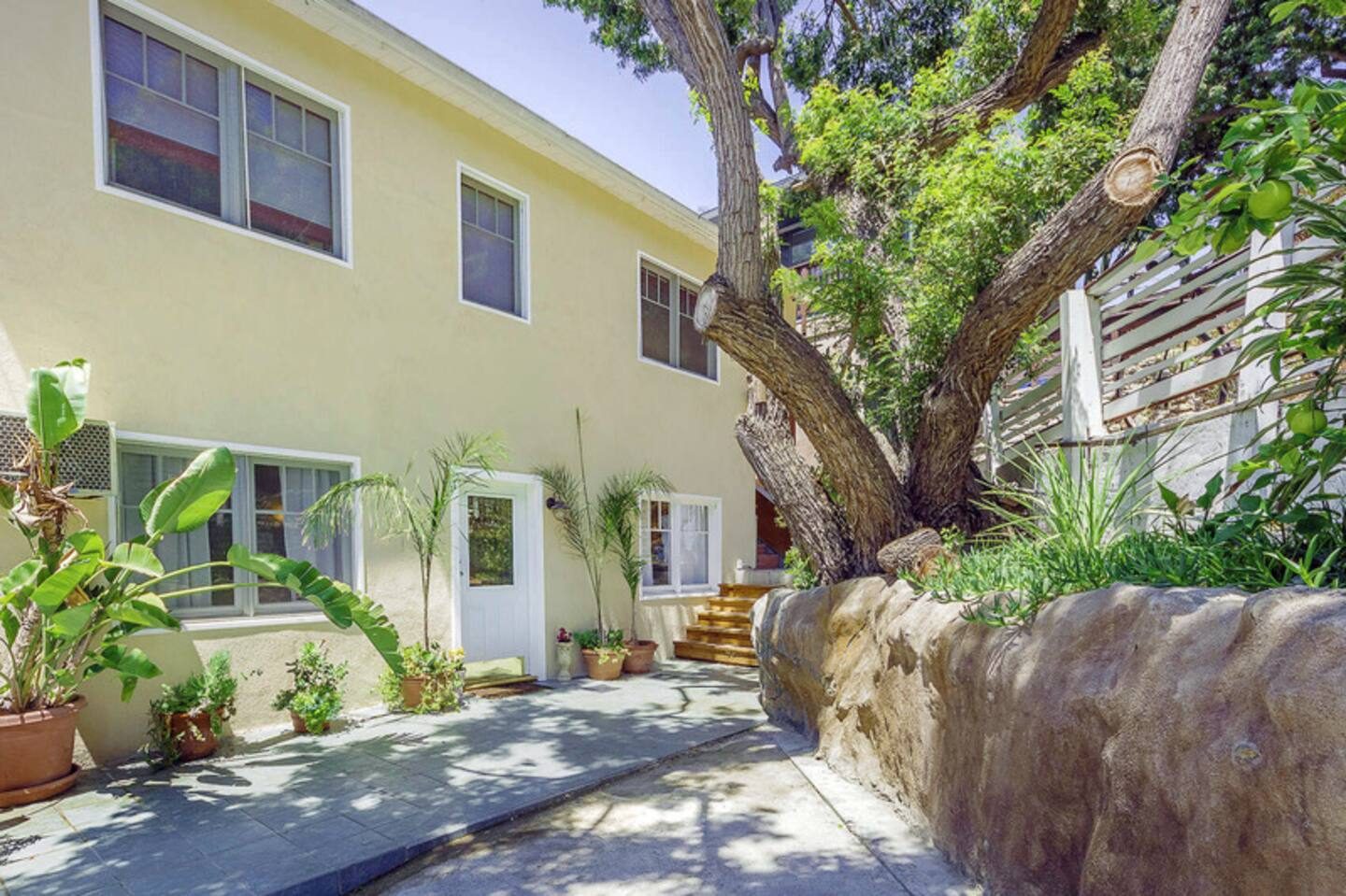 The 1925 house from the front walk, big tree over the stone wall